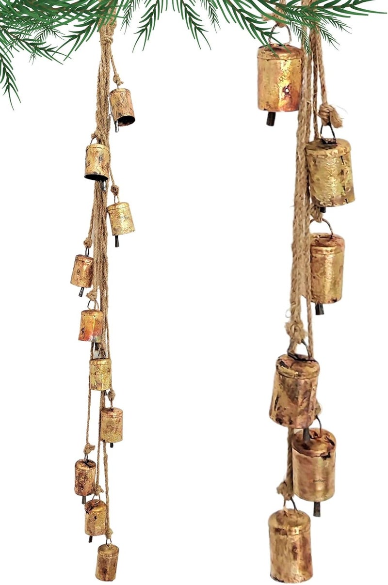 Carfar Shabby Chic Vintage Country Rustic Style Bells Cluster Hanging Handmade Metal Harmony Christmas Hanging Cow Bells on Jute Rope (1, Small Cylinder) - Image 1